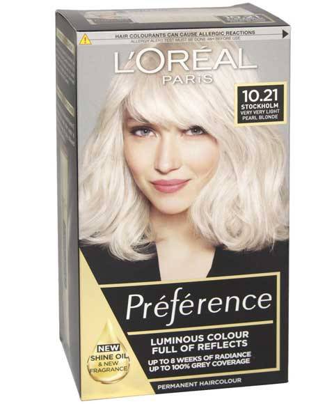 Loreal Preference Infinia Permanent Hair Color 10.21 Stockholm in a box with hair color swatch and mixing instructions