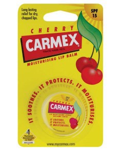 Carmex Moisturising Lip Balm Pot Cherry from Carma Laboratories, close-up of the cherry-flavored lip care product in a small pot.