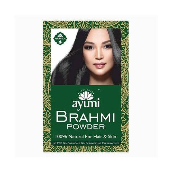 Ayumi Naturals Brahmi Powder for hair and skin care in a clear container, showcasing the natural herbal powder.