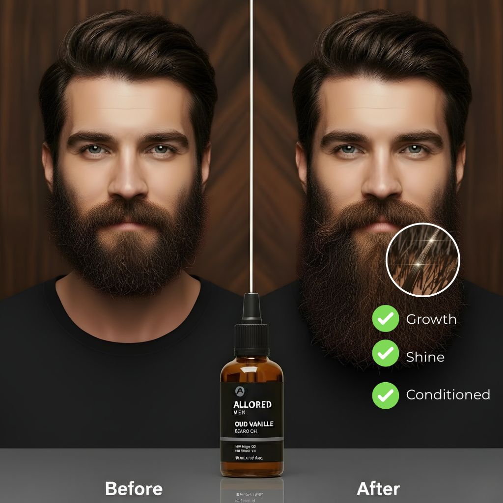 Allored Beauty Allored Men OUD Vanille beard oil bottle, grooming product for beard care and styling, with a sleek design.