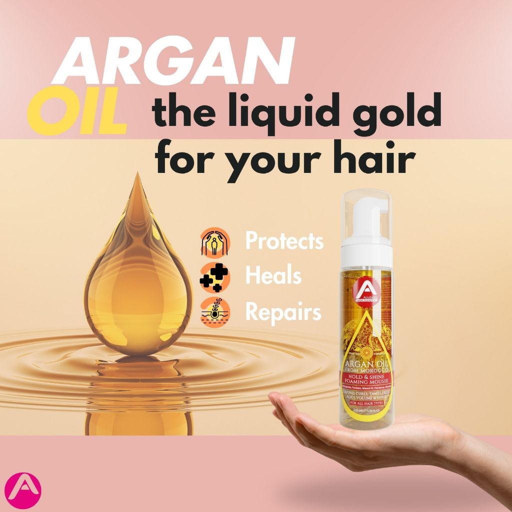 Allored Beauty Argan Oil Moroccan hold and shine foaming mousse for hair styling, with a white foam texture in the image.