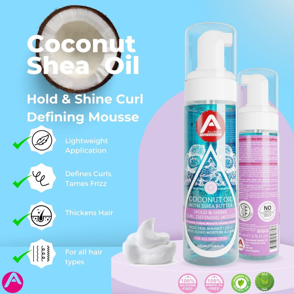Allored Beauty coconut oil with shea butter curl defining mousse in a styling jar, showing the product label and packaging.