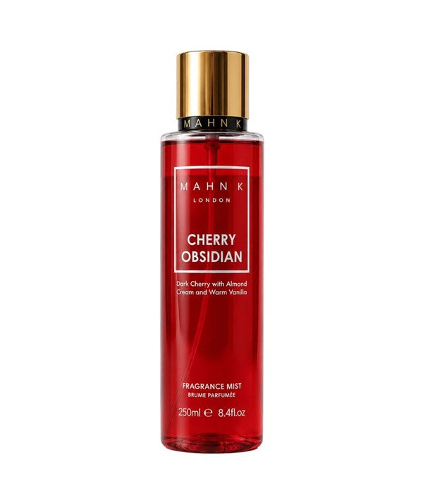 Allored Beauty MAHN K Cherry Obsidian fragrance mist bottle, body care product with a sleek dark design and cherry scent label.