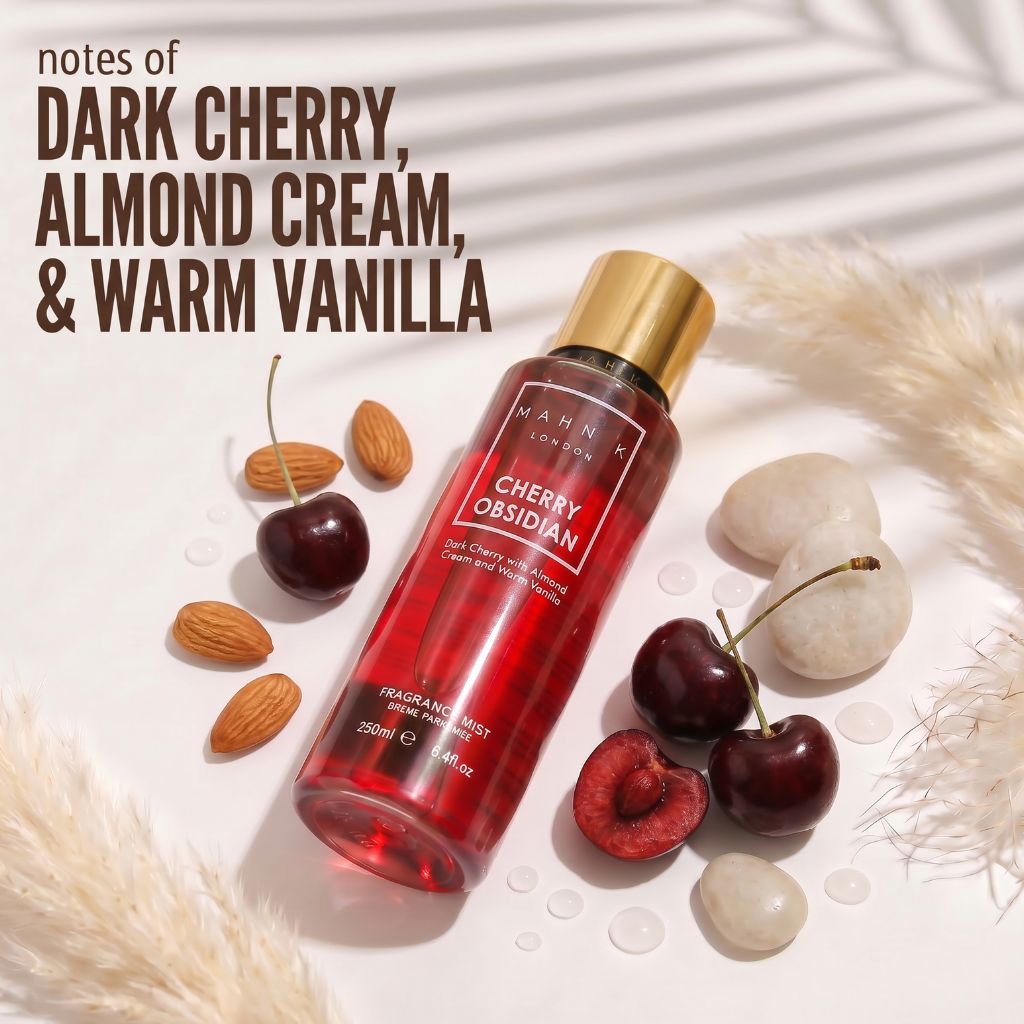 Allored Beauty MAHN K Cherry Obsidian fragrance mist bottle with cherry and obsidian-themed design for body care.