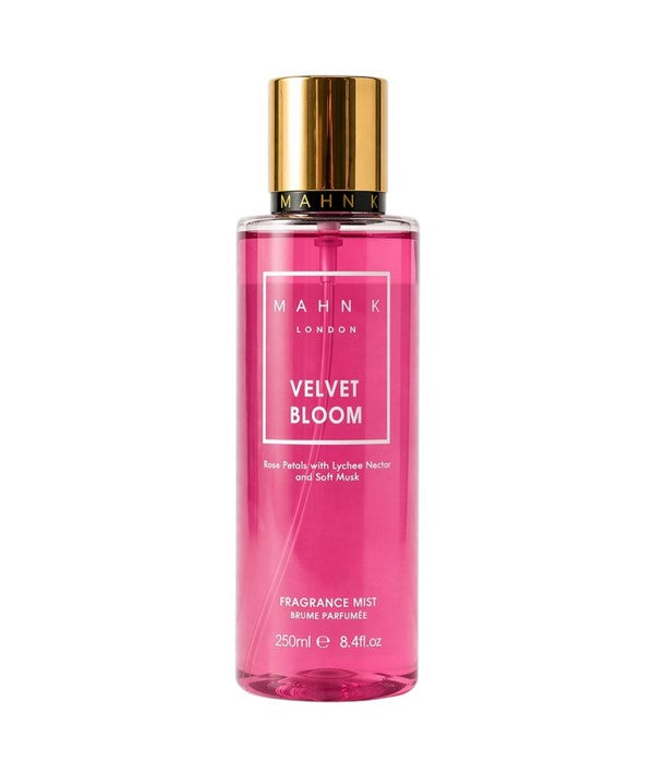 Allored Beauty MAHN K Velvet Bloom fragrance mist for body care, featuring a sleek bottle with floral design.