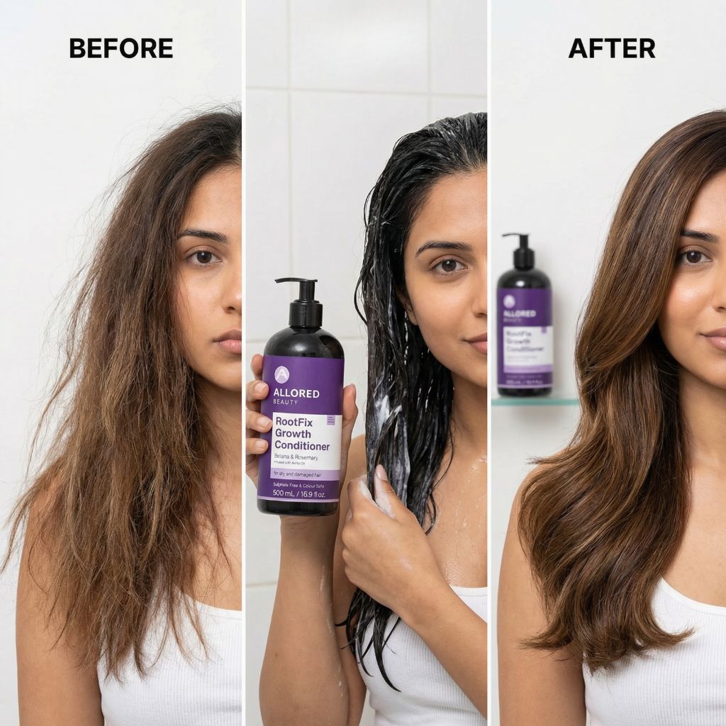 Allored Beauty Root Fix Growth Conditioner with Batana and Rosemary, creamy formula in a bottle, designed to promote hair growth.