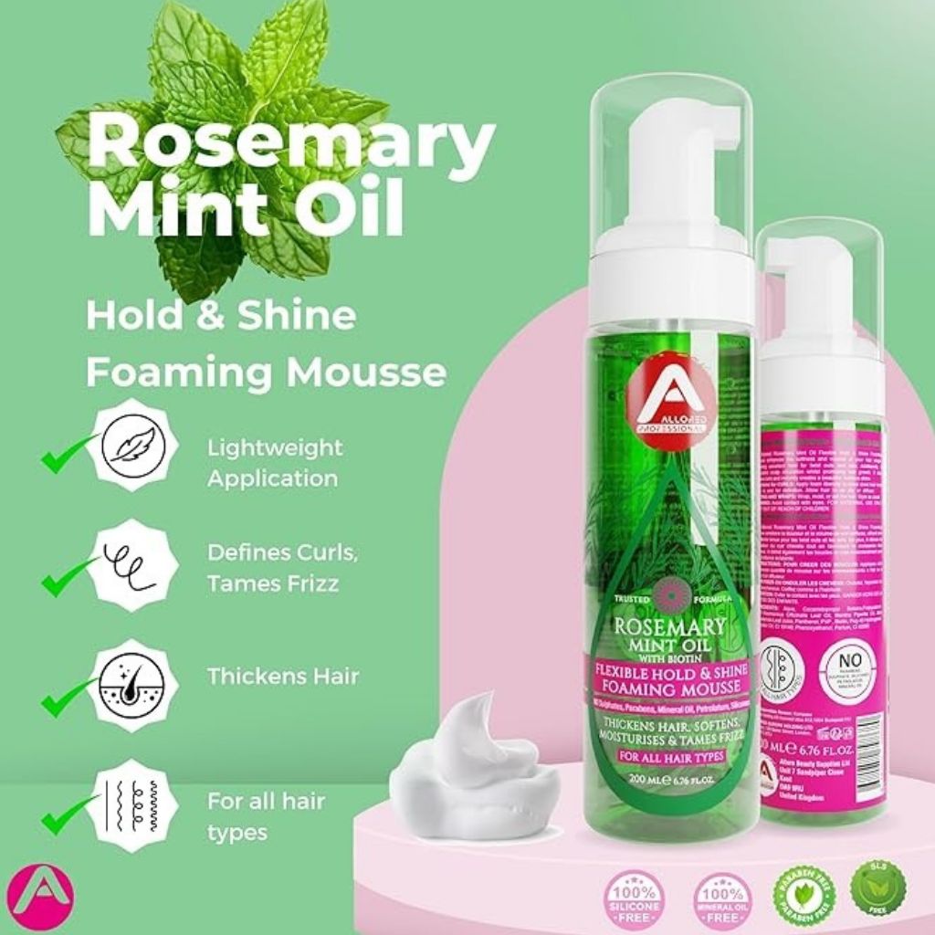 Allored Beauty Rosemary Mint Oil foaming mousse for flexible hold and shine, shown in a styling product container.