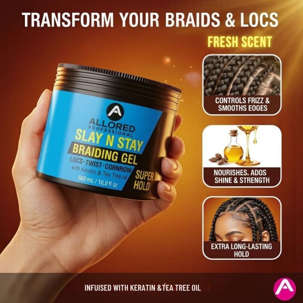 Allored Beauty Slay N Stay Braiding Gel Super Hold for hair styling, showing the gel container with a clear label and lid.