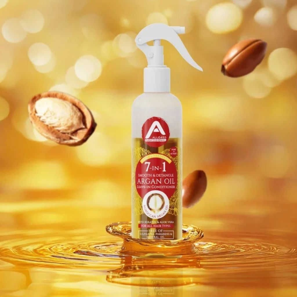 Allored Beauty Smooth and Detangle 7-in-1 Argan Oil Leave-In Conditioner bottle with pump for silky, manageable hair.