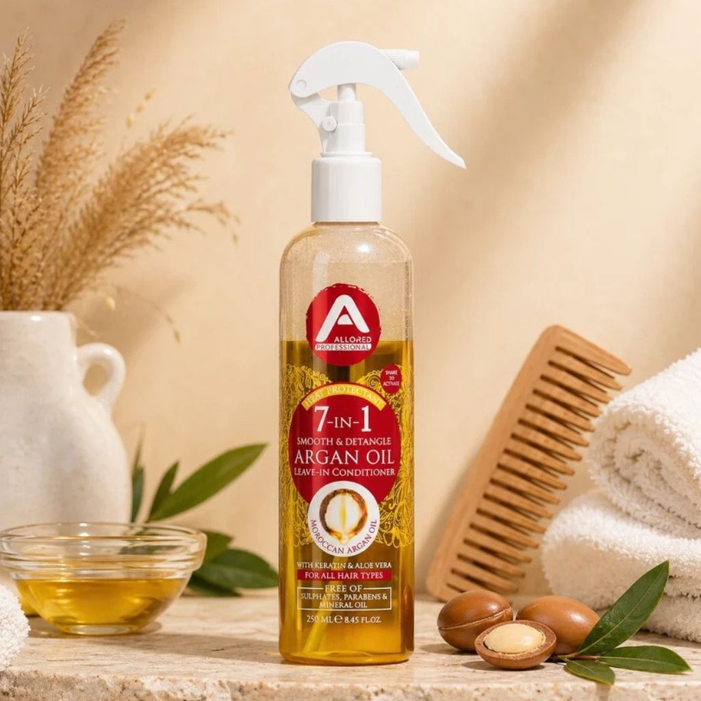 Allored Beauty Smooth and Detangle 7-in-1 Argan Oil Leave-In Conditioner bottle with pump for silky, manageable hair.