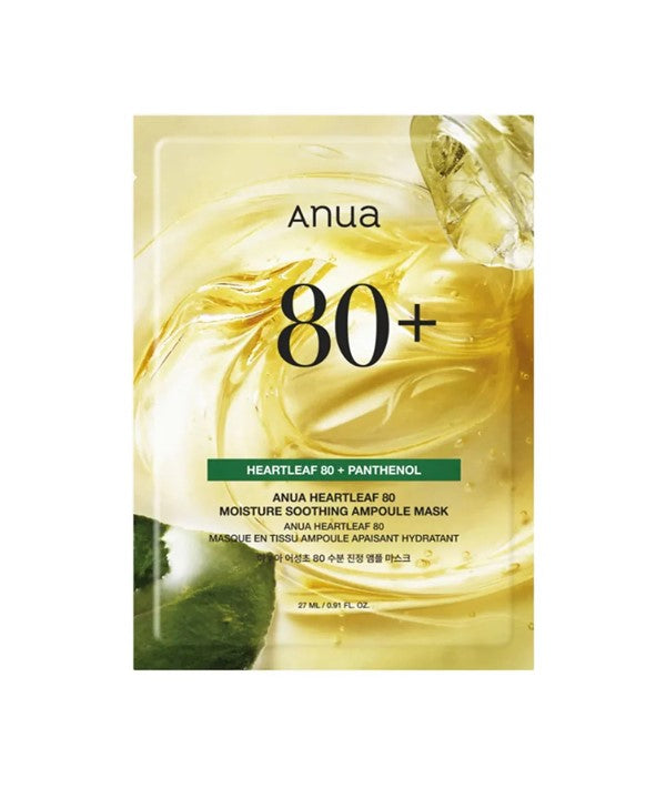 Anua Heartleaf 80 Moisture Soothing Ampule Mask in a 27ml container, featuring natural ingredients for hydrating skin.