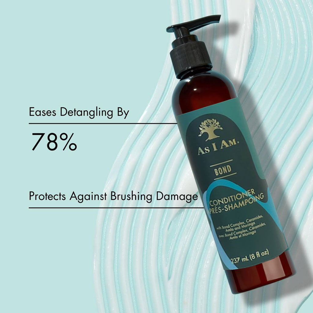 Bottle of As I Am Bond Hair Conditioner with label showing, featuring a sleek container for nourishing hair care.