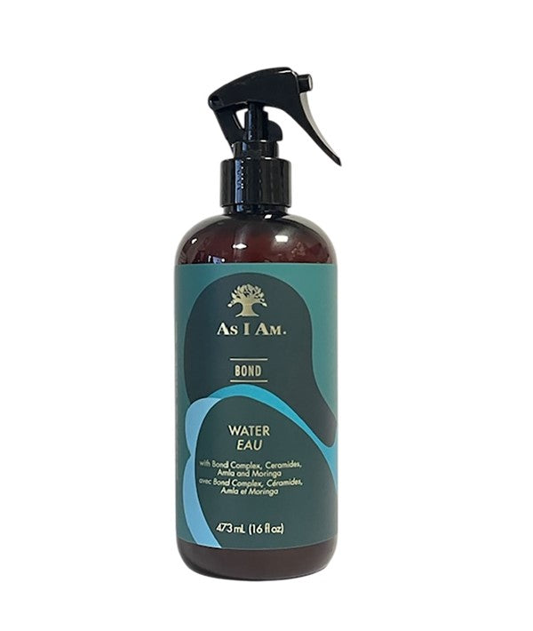 A bottle of As I Am Bond Water Spray hair spray with a clear label, featuring a spray nozzle and blue accents.