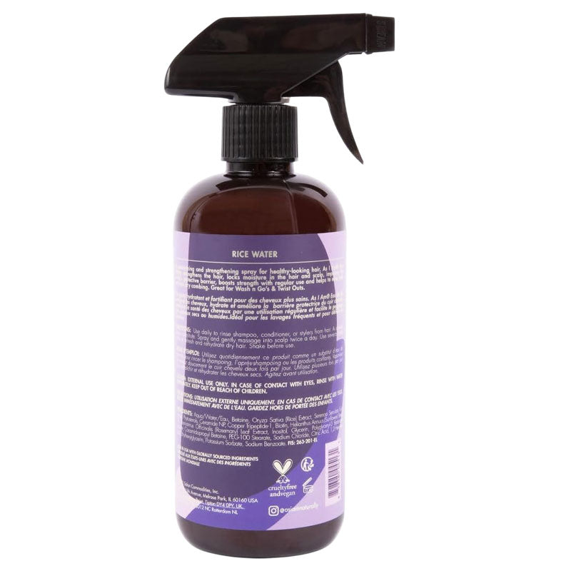 As I Am Rice Water Hair Spray bottle with white label and spray nozzle, designed to nourish and strengthen hair.