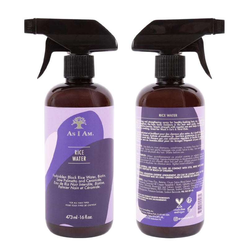 As I Am Rice Water Spray hair spray bottle with white cap and label, designed for hair nourishment and styling.