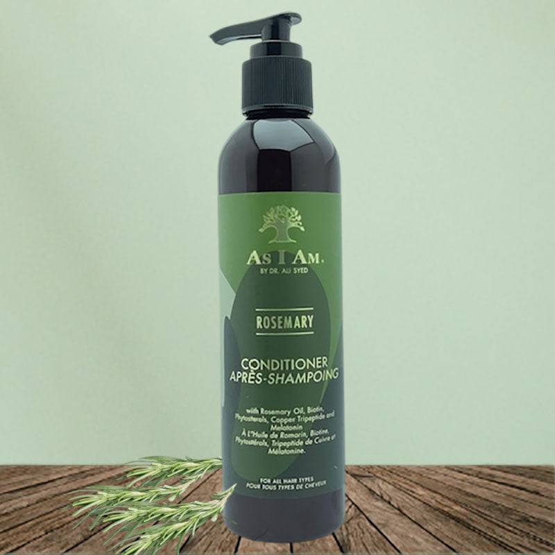 Bottle of as I am Rosemary Conditioner with label visible, showcasing nourishing conditioner for natural hair care.