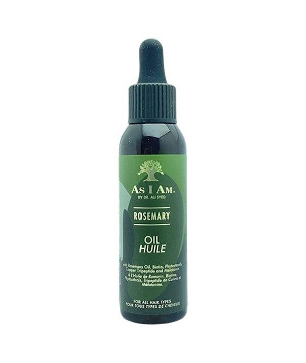 Bottle of as I am Rosemary Oil hair treatment with dropper for scalp and hair nourishment.