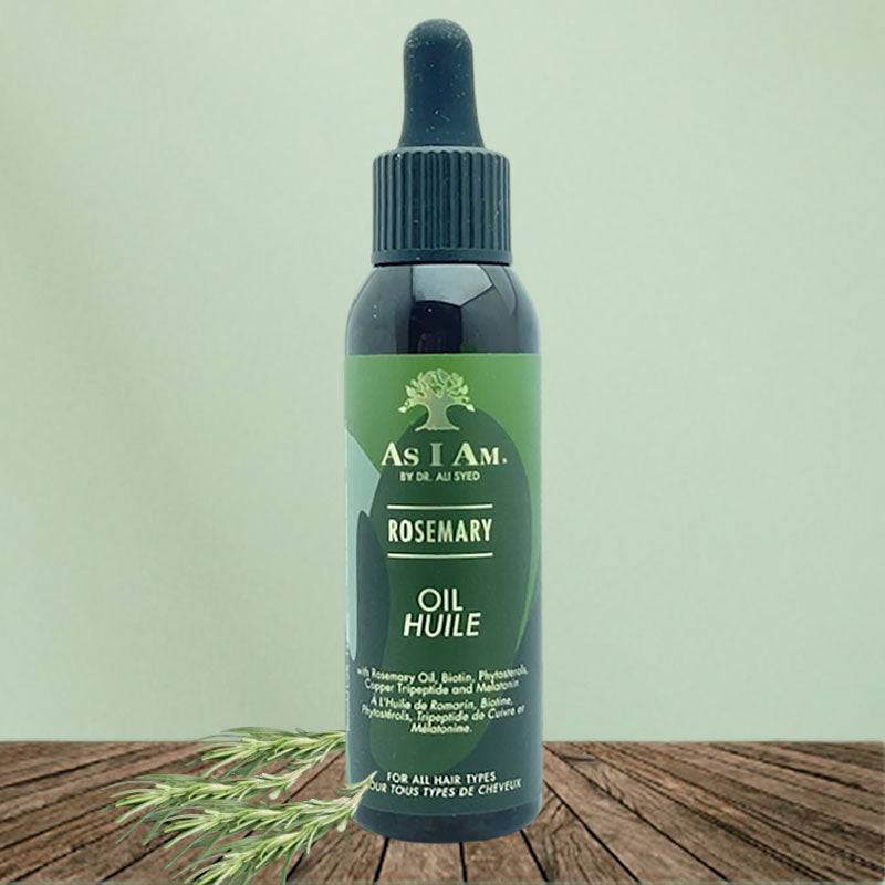 Bottle of As I Am Rosemary Oil hair treatment with dropper applicator for scalp and hair nourishment.