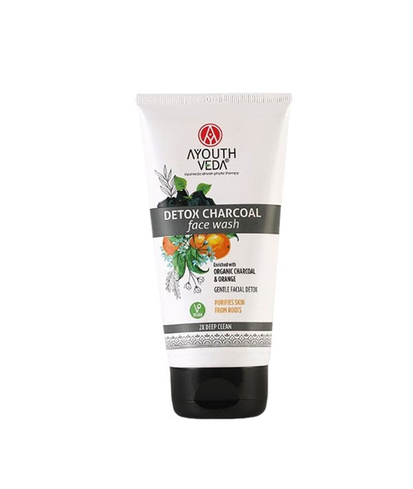 Urban Veda Ayouth Veda Detox Charcoal Face Wash in a pump bottle, showcasing the skincare product with black charcoal formula.