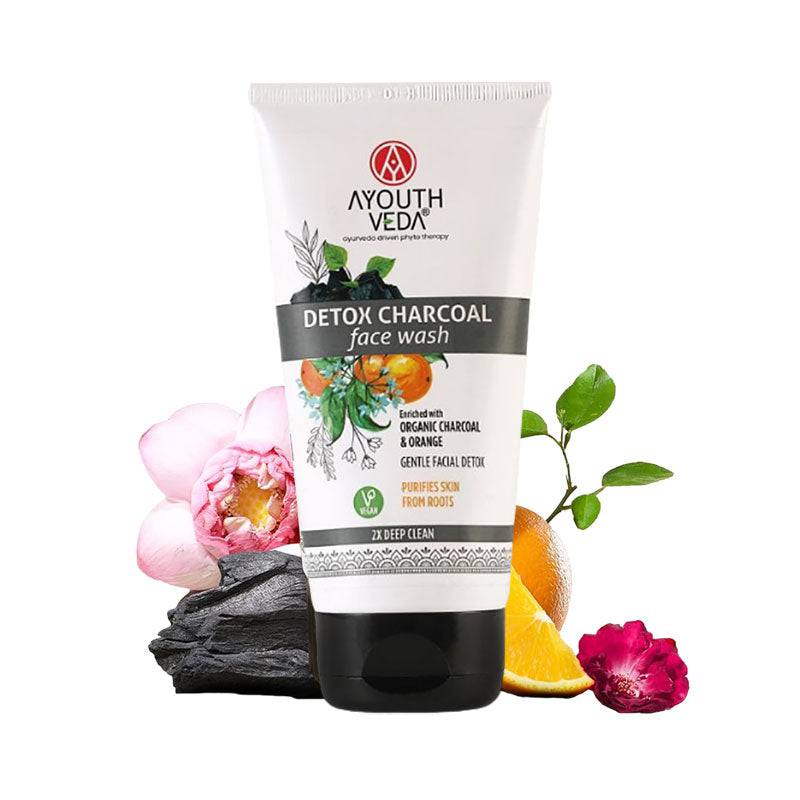Urban Veda Ayouth Veda Detox Charcoal Face Wash in a sleek tube, showing the skin basics skincare product with charcoal for deep cleansing.