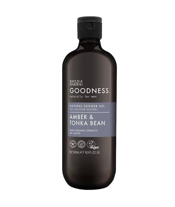 Baylis and Harding Goodness Men amber and tonka bean natural shower gel in a sleek bottle for bath and shower use.