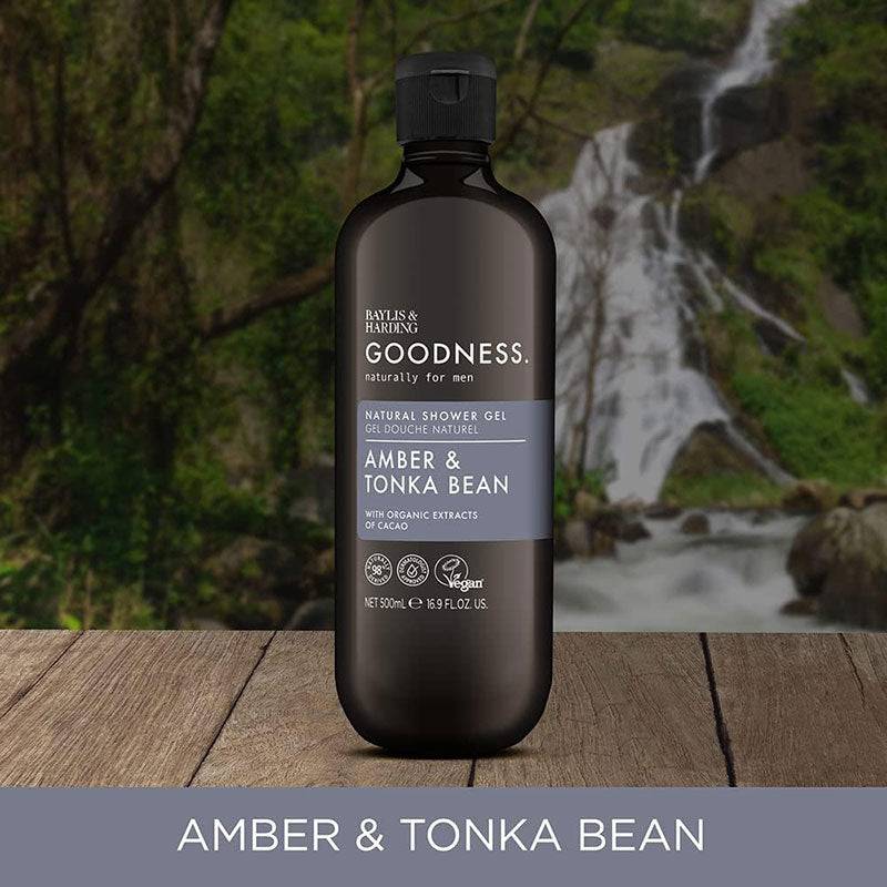 Baylis and Harding Goodness Men Amber and Tonka Bean natural shower gel, clear bottle with pump dispenser for bath and shower use.