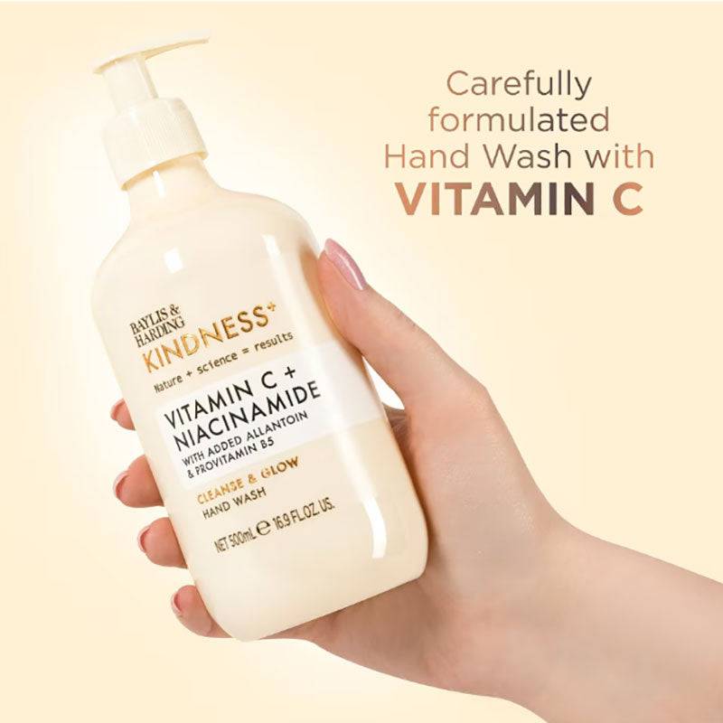 Baylis and Harding Kindness Vitamin C and Niacinamide hand wash in a clear pump bottle with a white label, suitable for hand care.