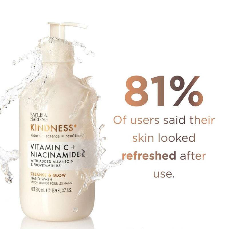 Baylis and Harding Kindness Vitamin C and Niacinamide hand wash with a clear bottle and pump dispenser, displayed on a bathroom shelf