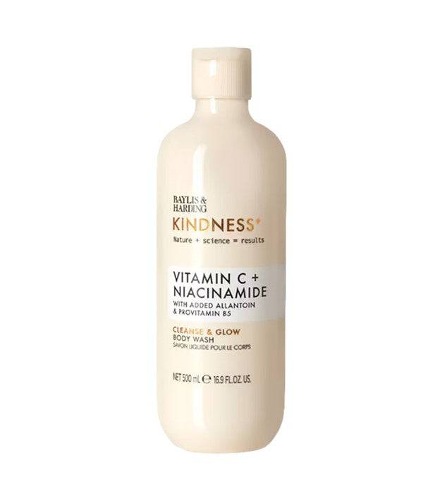 Baylis and Harding kindness vitamin C niacinamide body wash in a white bottle with a blue label, suitable for bath and shower use.