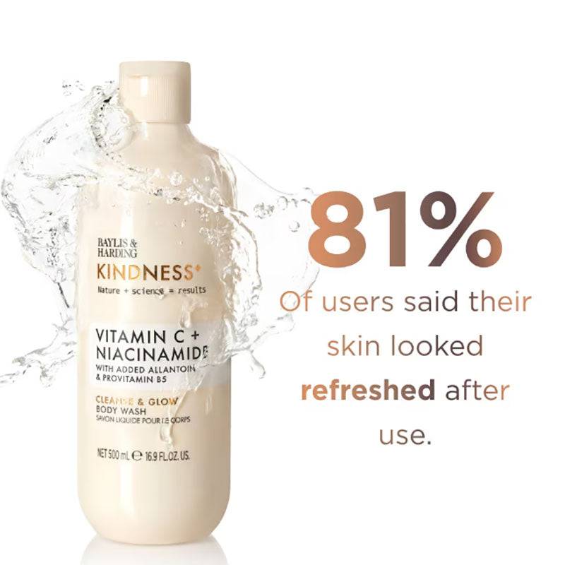Baylis and Harding Kindness Vitamin C Niacinamide bath and shower body wash bottle with pump dispenser.
