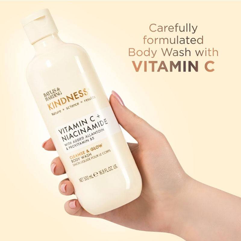 Baylis and Harding Kindness Vitamin C Niacinamide bath and shower body wash bottle with label and pump dispenser.