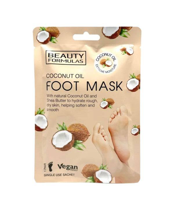 Beauty Formulas Coconut Oil Foot Mask pair, hydrating foot care treatment with moisturizing coconut oil for soft, smooth feet.