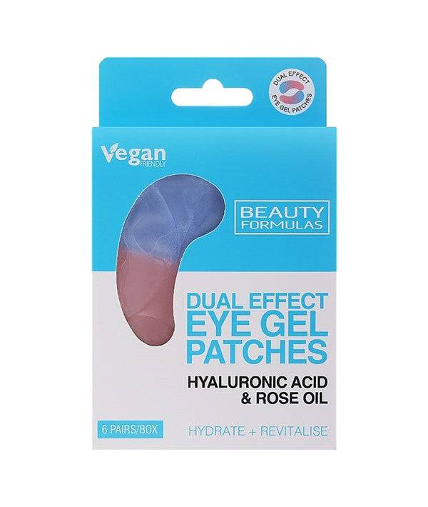 Beauty Formulas dual effect eye gel patches with hyaluronic acid and rose oil, showing the gel patches on a white background.