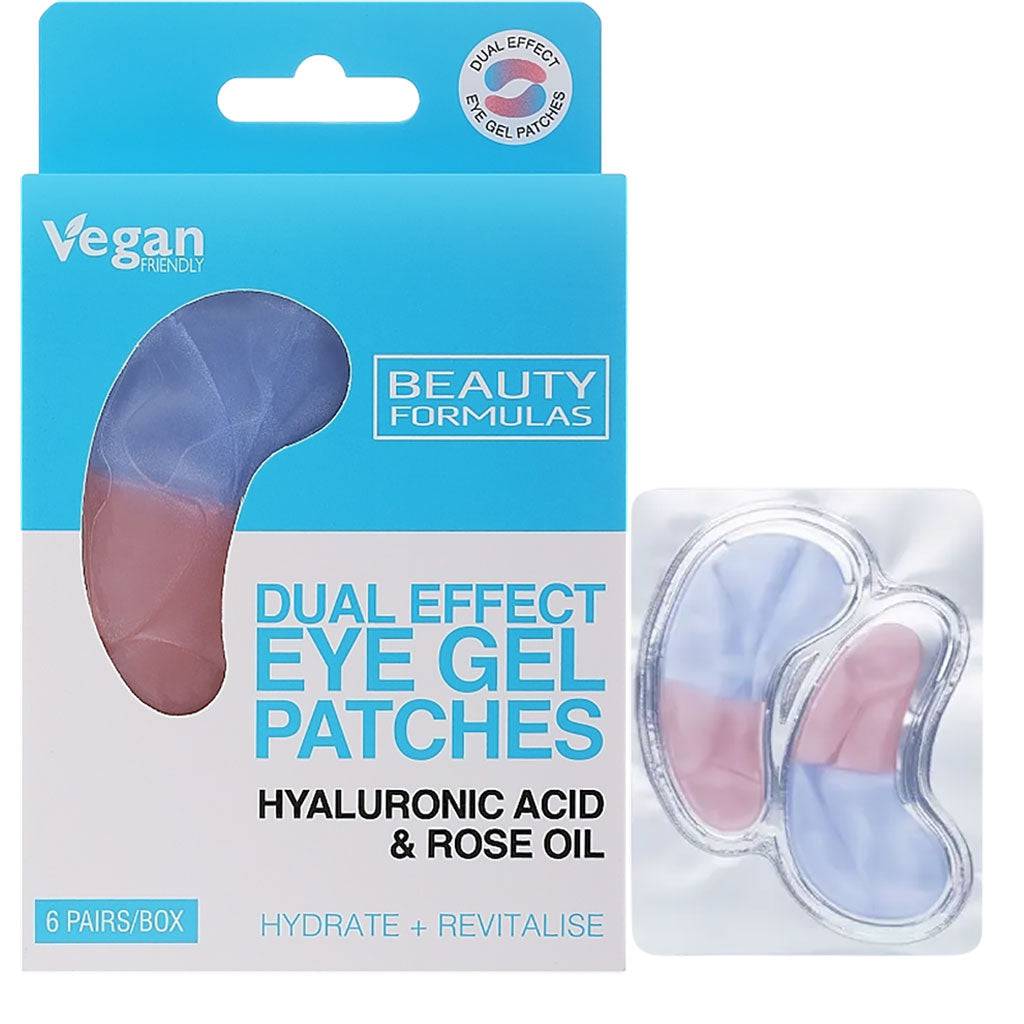 Beauty Formulas dual effect eye gel patches with hyaluronic acid and rose oil, showing the product on a white background.