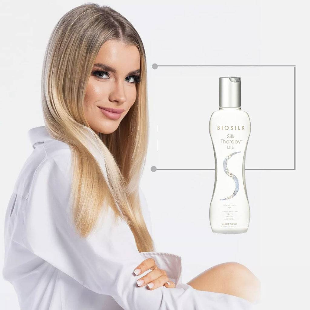 FAROUK SYSTEMS Biosilk Silk Therapy Lite conditioner bottle showing smooth, shiny hair with silk infusion for hair repair.