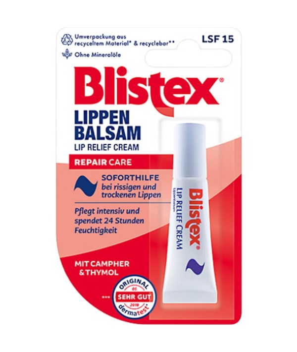 Blistex Lip Relief Cream Repair Care tube showing the lip balm product for damaged or chapped lips.