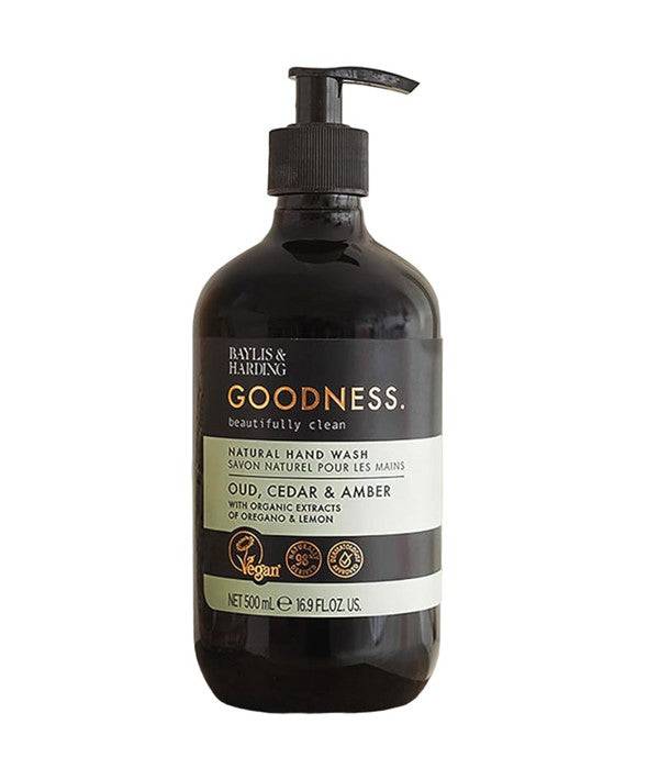 Baylis And Harding Goodness Oud Cedar and Amber natural hand wash bottle with a pump dispenser for hand care.