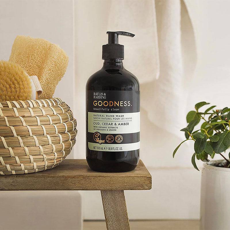 Baylis and Harding Goodness Oud Cedar and Amber natural hand wash in clear bottle with pump dispenser