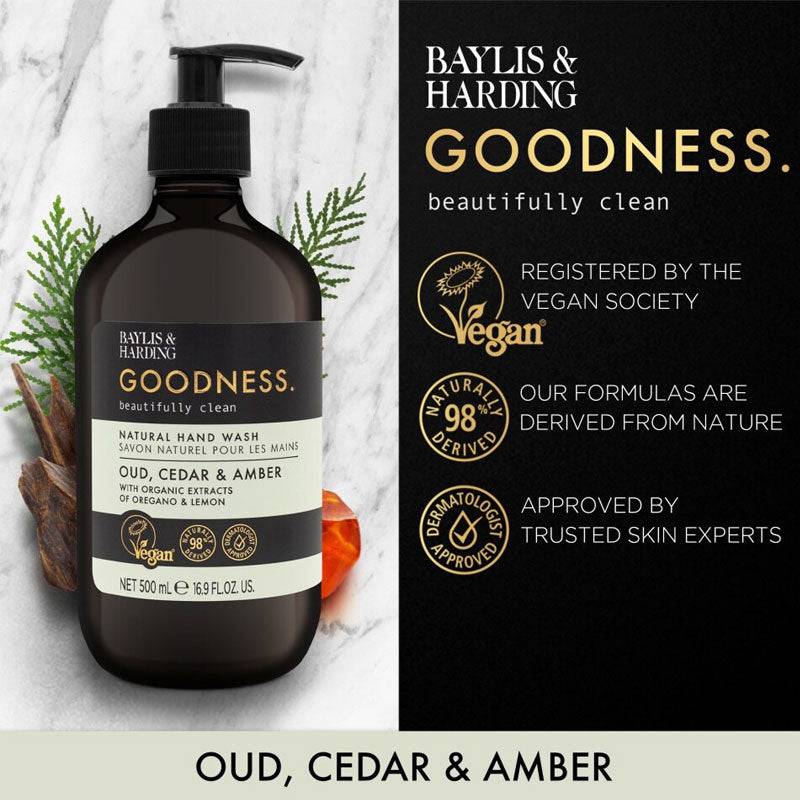 Baylis and Harding Goodness Oud Cedar and Amber natural hand wash bottle with pump dispenser, showcasing elegant packaging.