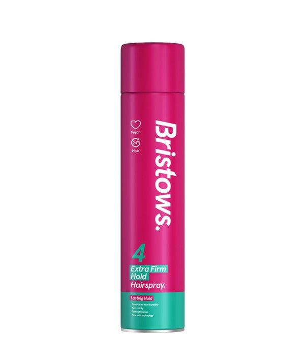 Three Pears Bristows 4 Extra Firm Hold Hairspray bottle displayed with spray nozzle and label visible, for strong hold styling.