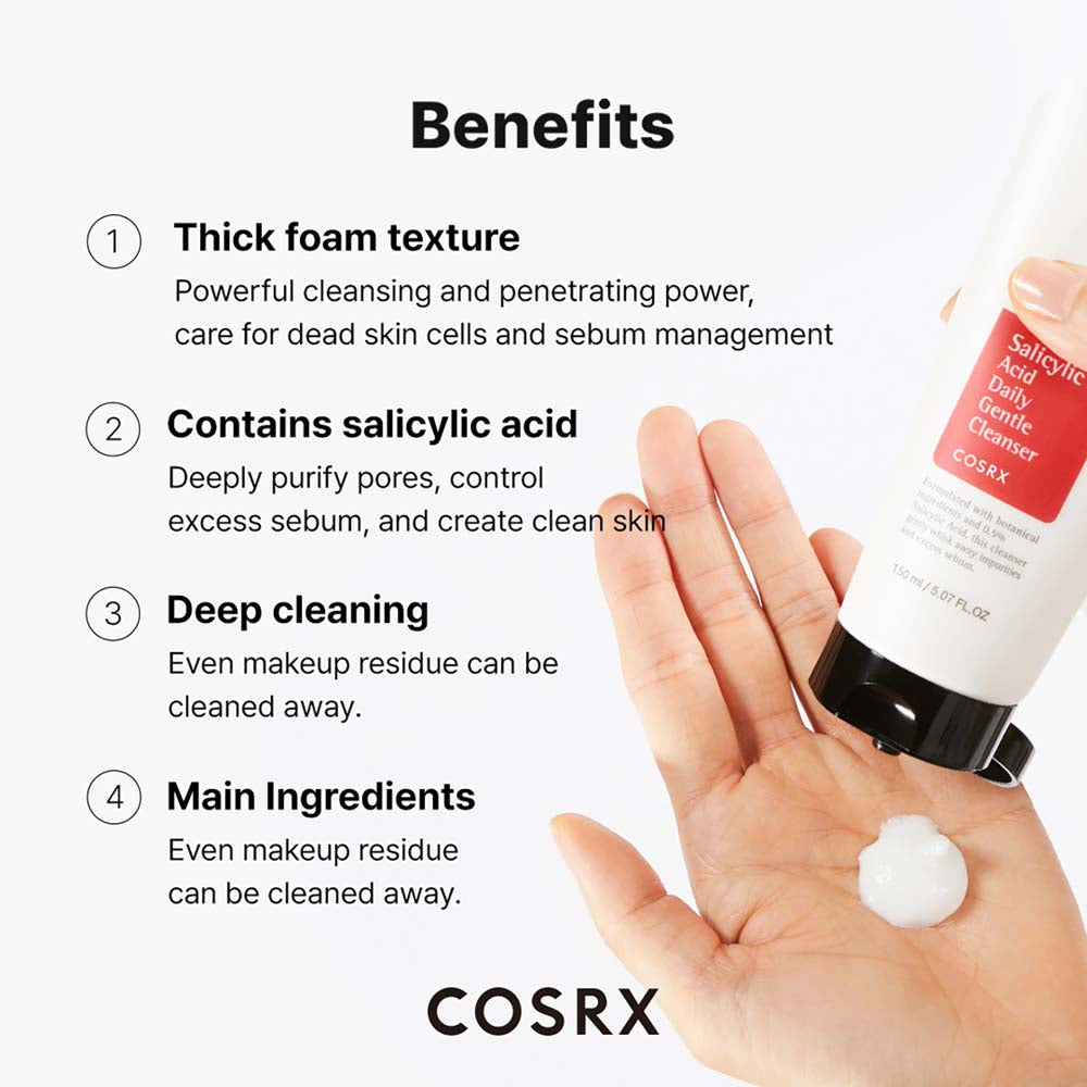 COSRX Salicylic Acid Daily Gentle Cleanser in 150ml bottle, K-beauty cleanser with soothing, acne-fighting properties.