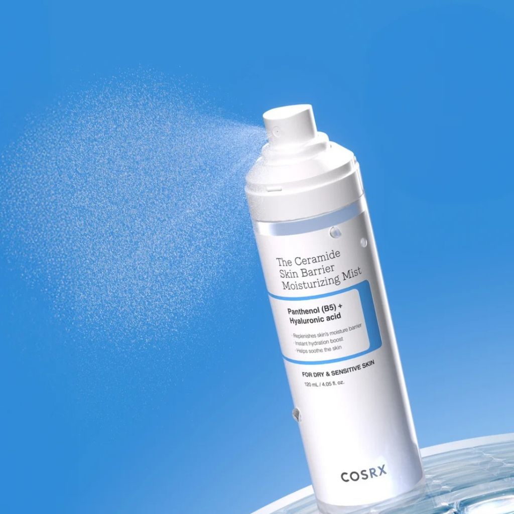 COSRX The Ceramide Skin Barrier Moisturizing Mist K Beauty moisturiser bottle and spray nozzle
