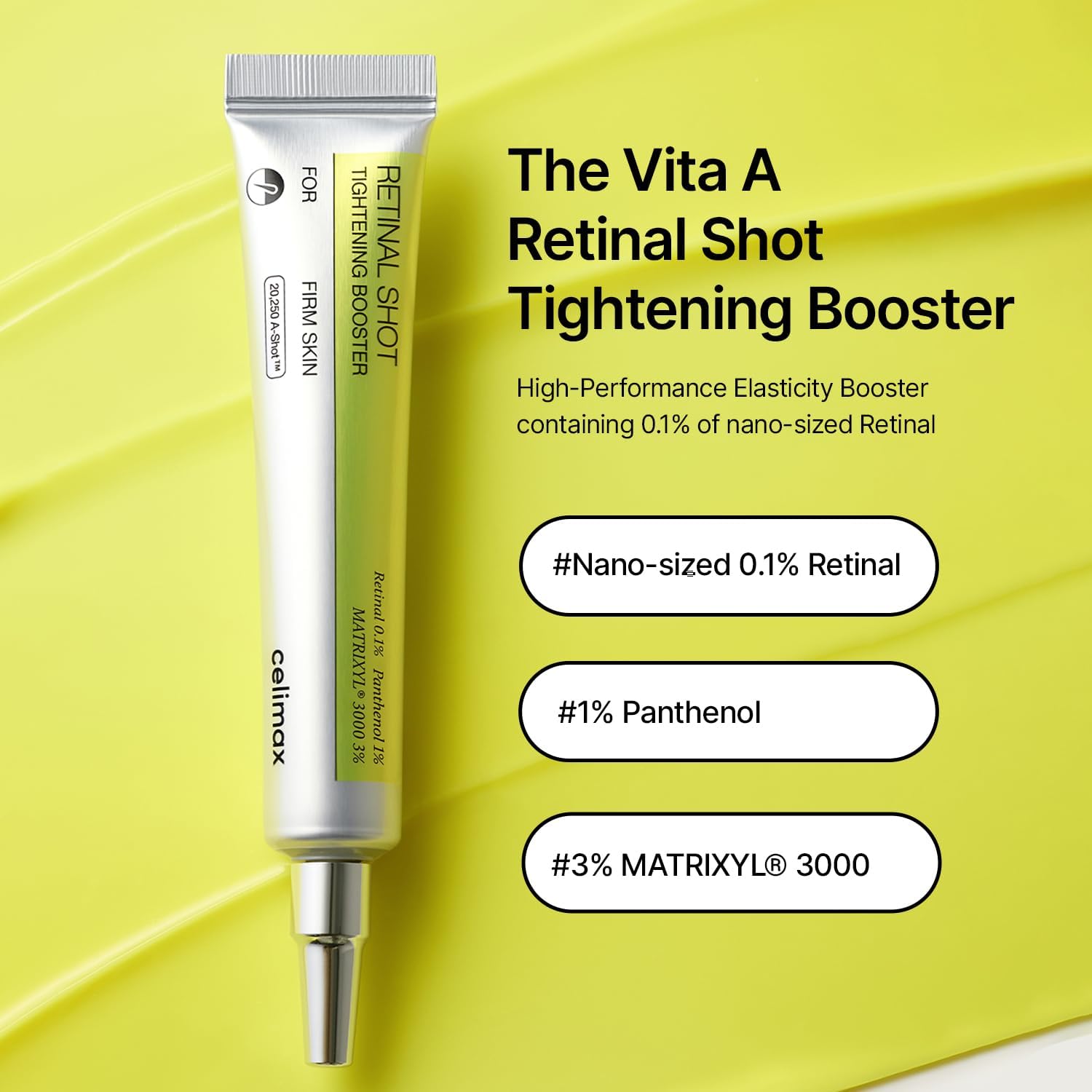 Celimax Retinal Shot Tightening Booster in 15ml bottle, K-beauty moisturizer for firm, youthful skin with retinal ingredients.