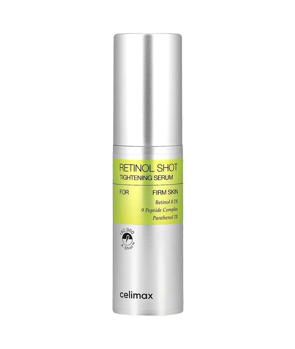 Celimax Retinol Shot tightening serum for firm skin, 30ml K-beauty skincare product with clear bottle and dropper applicator.