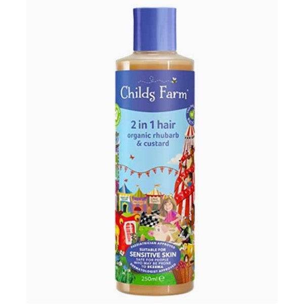 Childs Farm 2-in-1 kids hair and body wash with organic rhubarb and custard scent, featuring a colorful bottle and playful design.