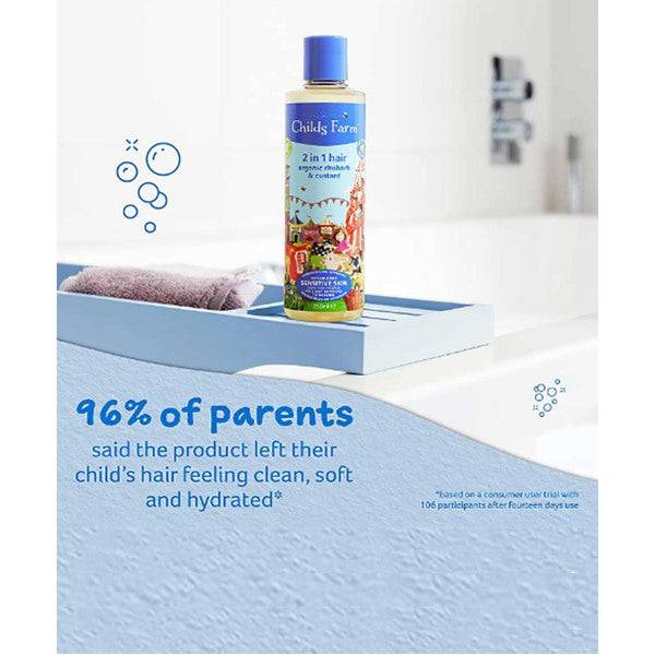 Childs Farm 2-in-1 hair and body wash for kids with organic rhubarb and custard scent, featuring a child-friendly packaging.