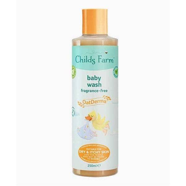 Childs Farm fragrance-free baby wash with oat extract, suitable for gentle bath and shower use for infants and children.