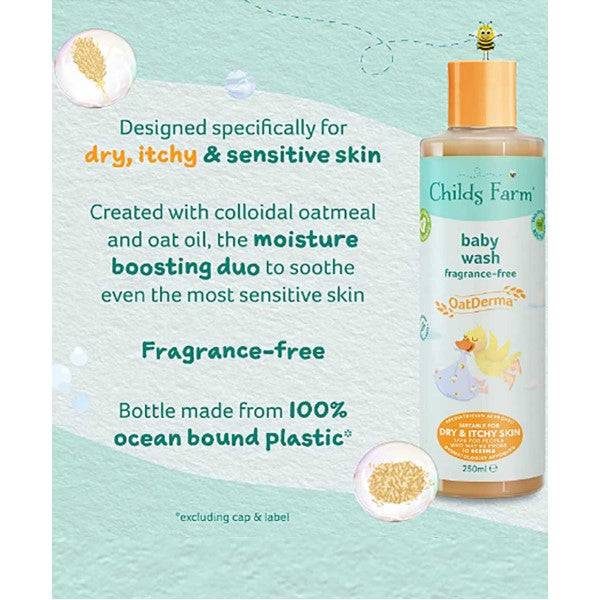 Childs Farm fragrance-free baby wash with oat extract, in a pump bottle, suitable for gentle bath and shower use.