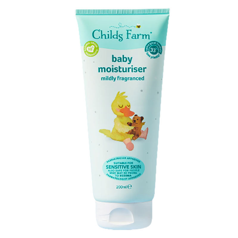 Childs Farm baby moisturizer bottle, mildly fragranced kids skincare product with gentle, soothing formula for delicate skin.