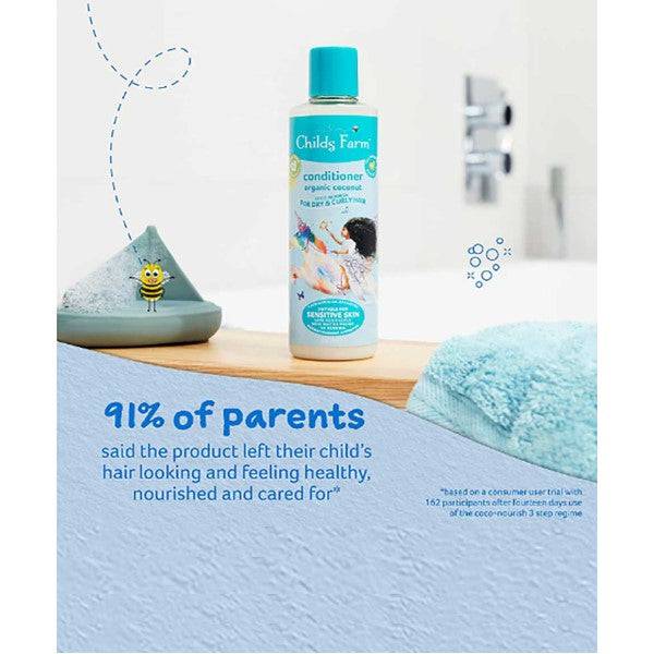 Childs Farm conditioner with organic coconut for dry, curly hair, showing a bottle of the moisturizing hair conditioner.